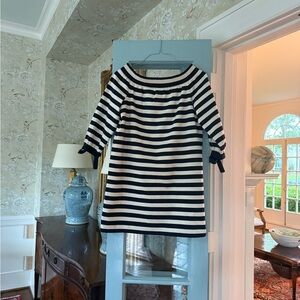J. Crew Navy and Navy Ecru Bateau Neck Bow Sleeve Dress